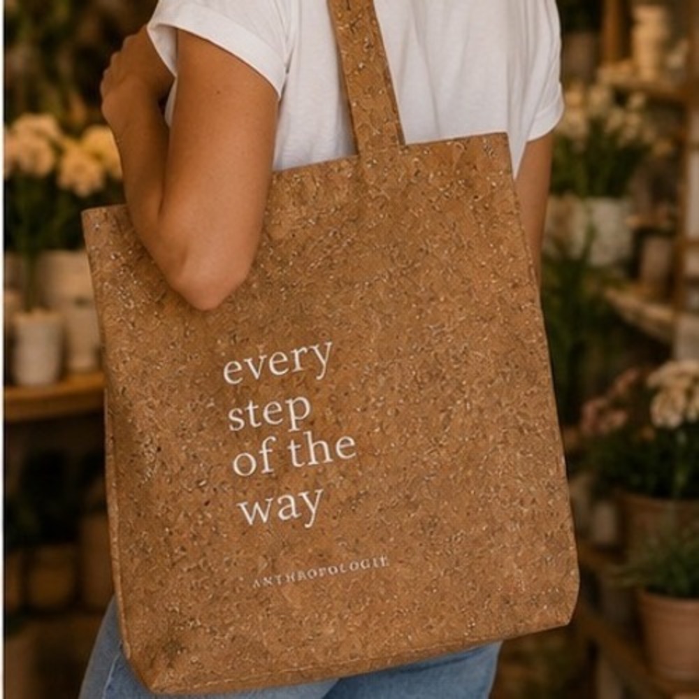 Anthropologie Every Step Of The Way Cork Tote Bag Natural Glitter Brown Graphic